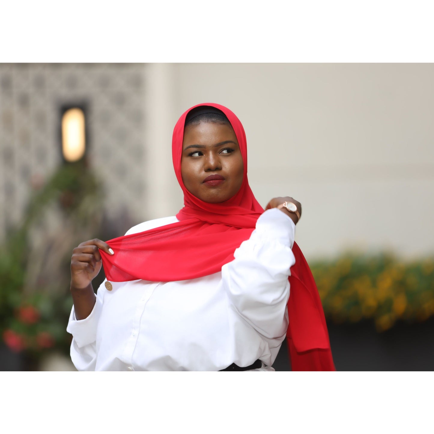 Limited Edition Gold Medallion Hijab / Scarf - Ferrari Red - Modestia Collection is a Detroit scarf based brand with a curated for Detroiter's and to the eclectic style of scarf lovers around the globe.