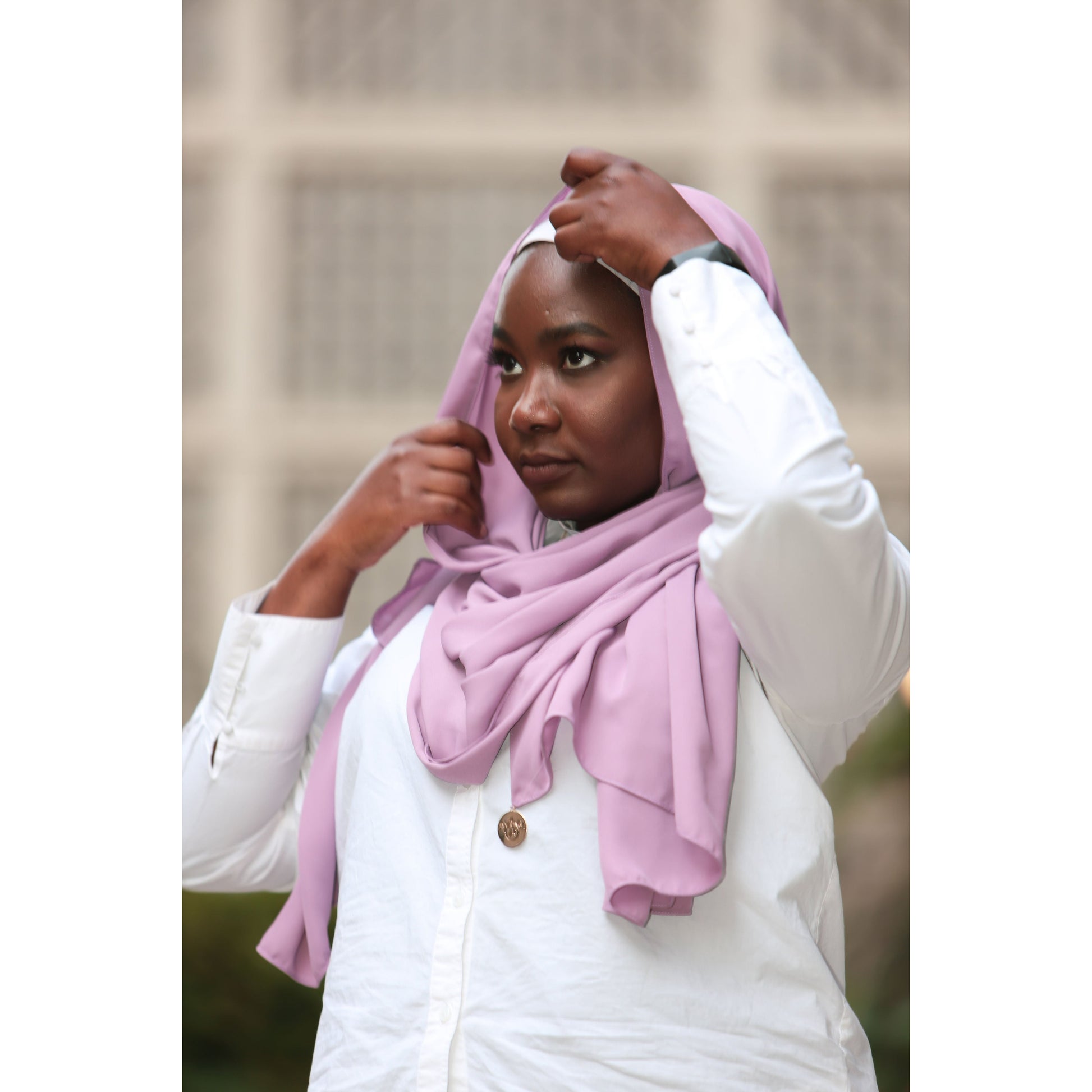 Limited Edition Gold Medallion Hijab / Scarf- Iris Mauve - Modestia Collection is a Detroit scarf based brand with a curated for Detroiter's and to the eclectic style of scarf lovers around the globe.