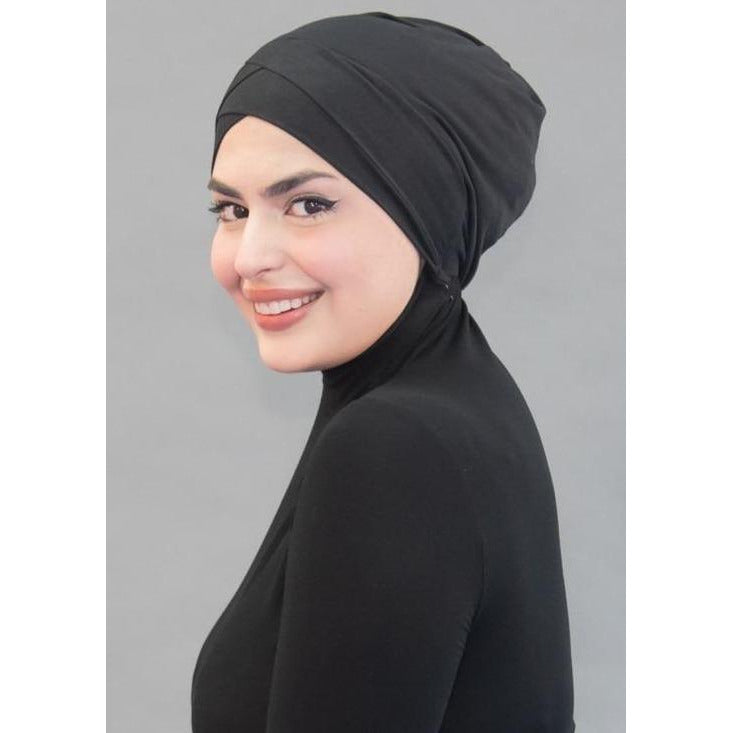 Criss Cross Tie-back Cap- Midnight Black - Modestia Collection is a Detroit scarf based brand with a curated for Detroiter's and to the eclectic style of scarf lovers around the globe.