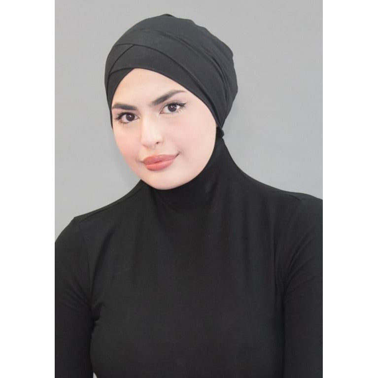 Criss Cross Tie-back Cap- Midnight Black - Modestia Collection is a Detroit scarf based brand with a curated for Detroiter's and to the eclectic style of scarf lovers around the globe.