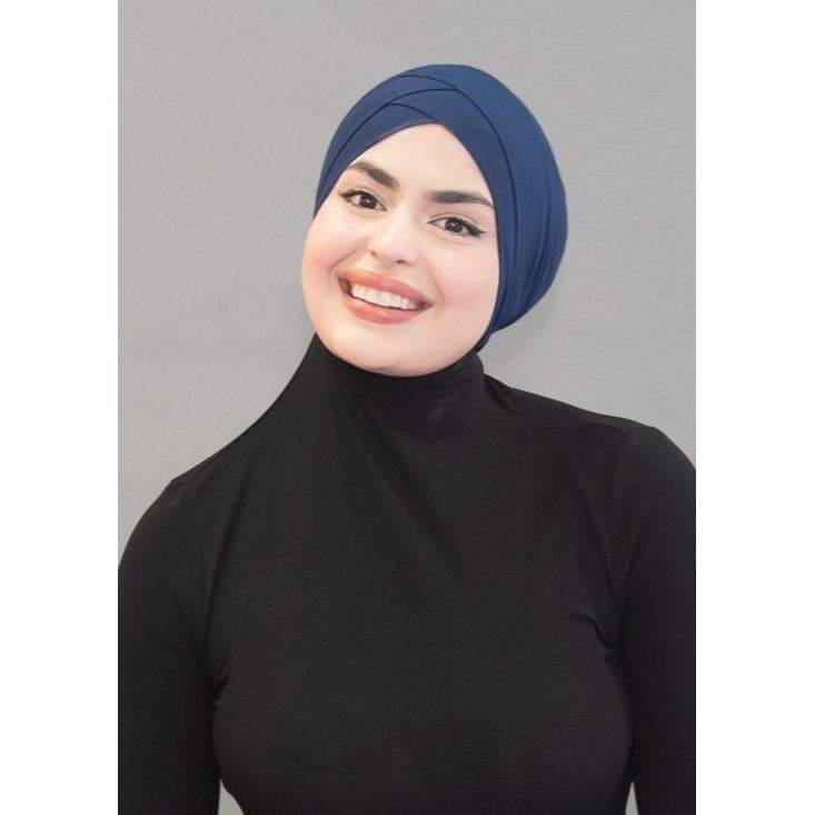 Criss Cross Tie-back Cap- Deep Sea Navy - Modestia Collection is a Detroit scarf based brand with a curated for Detroiter's and to the eclectic style of scarf lovers around the globe.