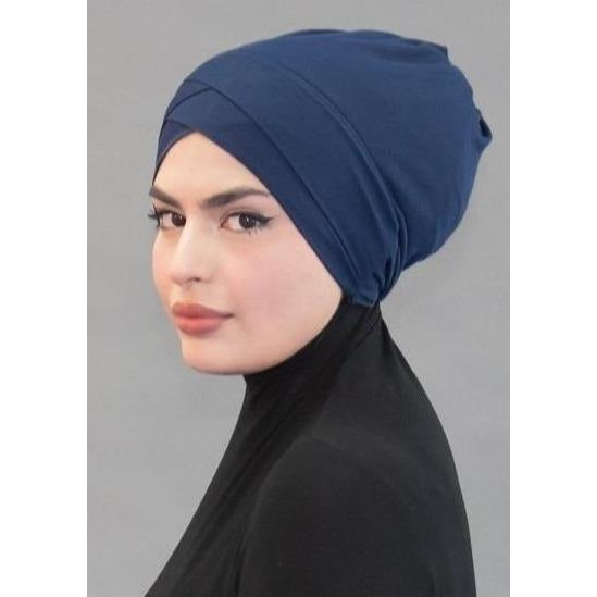 Criss Cross Tie-back Cap- Deep Sea Navy - Modestia Collection is a Detroit scarf based brand with a curated for Detroiter's and to the eclectic style of scarf lovers around the globe.