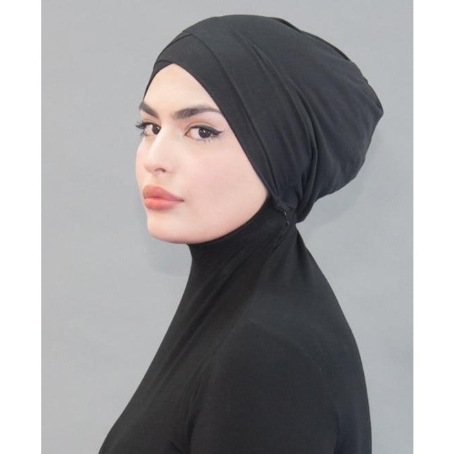 Criss Cross Tie-back Cap- Midnight Black - Modestia Collection is a Detroit scarf based brand with a curated for Detroiter's and to the eclectic style of scarf lovers around the globe.